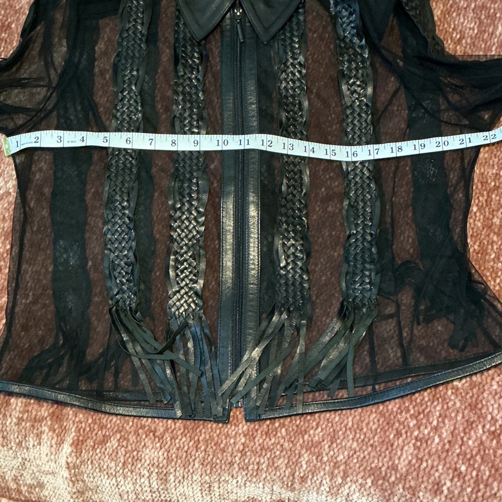 Sheer Black Lace Zip-Front Blouse with Leather Collar and Accent - Picture 5 of 7